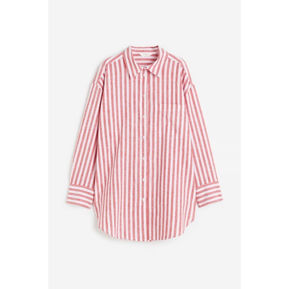 H&M Linen-Blend Shirt in Red Stripe - Picture 1 of 8